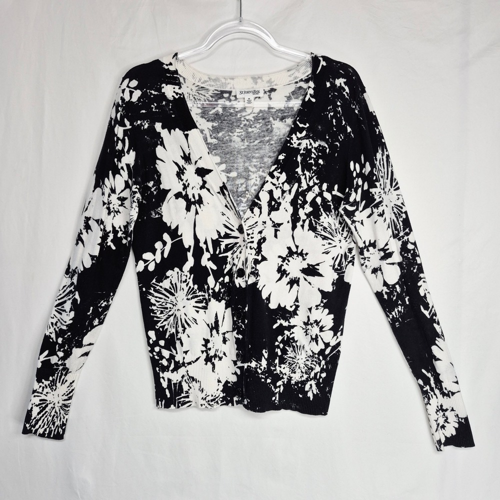 St Johns Bay Womens‎ Medium Floral Cardigan Sweater Black White Cotton Capsule